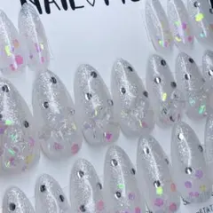 #398現品発送 ネイルチップ 20本セット リボン クリア ラメ ワンホン