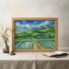 真作】油絵 原画「郷愁の水鏡」A4額付き 風景画 水田 田舎 青空 - メルカリ