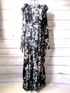 soie フリル ブラック フラワー 黒 花柄 長袖 ワンピース