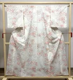 A5◇着物くつろぎ 夏物 花模様 白 化繊 小紋 薄物 絽 紗 着物 177