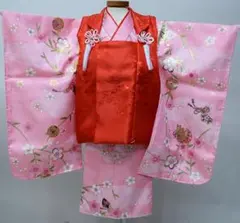 七五三 三歳 女児 被布着物フルセット ピンク×赤色 お仕立て無料 NO0012