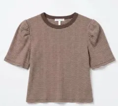 レディース ボーダーTシャツ パフスリーブ ブラウン ピンク トップス 柄のサムネイル
