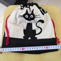 黒猫デザイン 巾着袋 約25×25 ハンドメイド