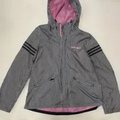 adidas フード付きウィンドブレーカー 黒と白ストライプ