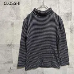 CLOSSHI【L】長袖カットソー ロンT ハイネック ボーダー 裏起毛 防寒