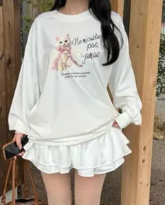 猫イラスト長袖Tシャツ ホワイト