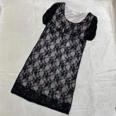 謝恩会 結婚式 パーティ ドレス ひざ丈ワンピース 総レース ブラック Mサイズ