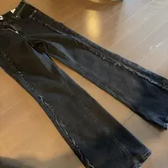 フリンジ加工 ブラックブーツカットデニム　レディースフレアデニム