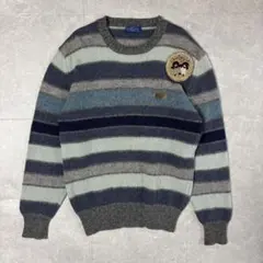 ラ*ン様 ウール100% L ボーダーニット セーター ワッペン付き 個性派