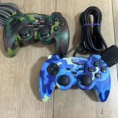 ps1ps2 ホリ製　振動パッド　アナログコントローラー　 迷彩柄　緑　青　2個