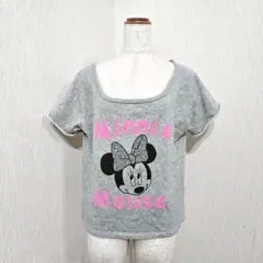Disney ディズニー ミニーマウス Tシャツ グレー F 半袖 ピンクロゴ