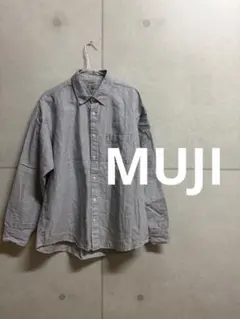 1848. 無印良品 メンズ グレー ストライプ リネン 長袖シャツ