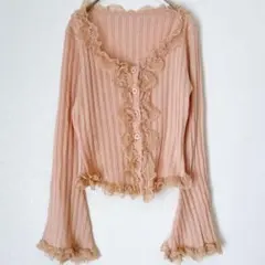 【美品】フリルレース リブニットカーディガン ピンク ベルスリーブ ガーリー