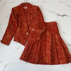 ヴィンテージ✨総刺繍花柄バブリースーツ　絹　装飾ボタン　フレアスカートオレンジ系