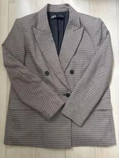 【ザラ】テーラードジャケット　ダブル　チェック　千鳥格子　オーバーサイズ　茶色