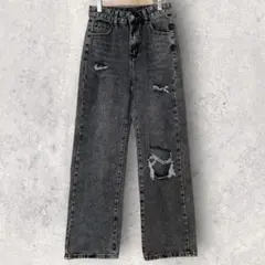 SHEIN ブラックダメージデニムパンツ 【XS】ストレート カジュアル