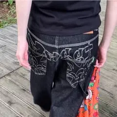 L バギーデニム 刺繍 ワイド ジーンズ デニム 黒 ブラック アメリカン 海外