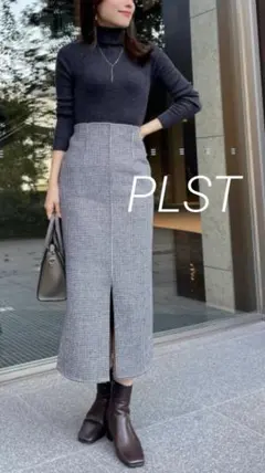 PLSTプラステ　ウールブレンドリバーナロースカート　タイト　千鳥格子柄　XS