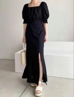 NICE CLAUP リネンスリットカラーロングワンピース バックリボン