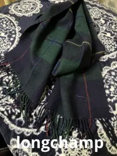 LONGCHAMP チェック柄マフラー ネイビー/グリーン