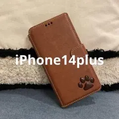 iPhone14plus 手帳型ケース　本革　茶色　肉球　犬　猫　足あと