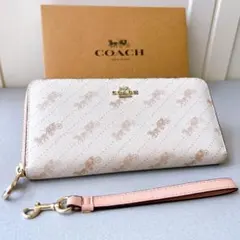 【中古】COACH コーチ 長財布 ホワイト クリーム ホース ファスナー