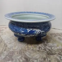 美品 花唐草紋 青白磁 陶器 火鉢 手あぶり 陶芸 草花 ヴィンテージ