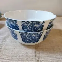 有田焼 印判染付 梅文様 中鉢 2客セット 骨董 和食器 藍色　輪花型