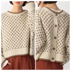 美品 LOWRYSFARM 柄ショートニット カーディガン アイボリー