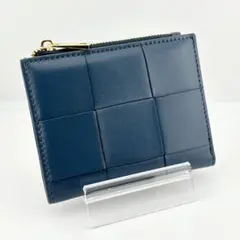 【未使用】 本革 イントレチャート風 二つ折り財布 ミニ財布 ネイビー 紺