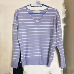 ロペピクニック Vネックボーダー柄長袖ニット ラベンダー色　ストライプ