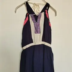 Doe & Rae 刺繍ロングワンピース 紺 リゾート 背中開き XS