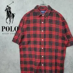 古着 90s ポロ ラルフローレン 刺繍 チェック シャツ レッド XL