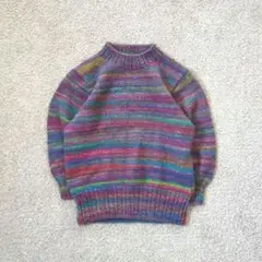Vintage 70s 手編み ニット M ボーダー 総柄 古着ミックス レトロ