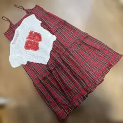 【FREEサイズ】チェック柄ロングワンピース&レースコンパクトTシャツ2点セット