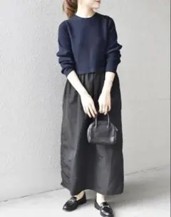 SHIPS リブニットドッキングワンピース ロング丈バイカラー 定価1万 黒 紺