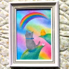 L判サイズフレーム付き原画 パステル画 星に乗った猫 ひよこ - メルカリ