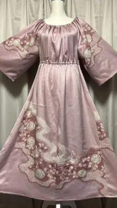No.366 新品着物リメイクVネックコクーンシルエットワンピース 手描き