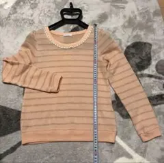 【美品】GLACIER/ピンクニット長袖M/金ラメボーダー/ビジュー付