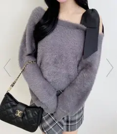 即購入OK 12G肩リボンワンショルフェザーニット ふわふわ