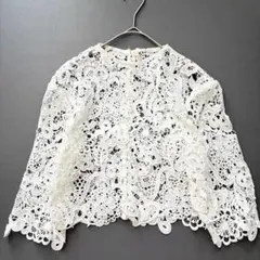 【美品】ウエディング 花柄総刺繍 レースボレロ くるみボタン 七分袖 白 M相当のサムネイル