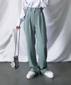 ミームセレクト ハイウエストタックワイドパンツ くすみグリーンxs
