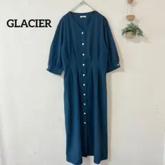 GLACIER ネイビー シャツワンピース M Vネック ロングワンピース7分袖