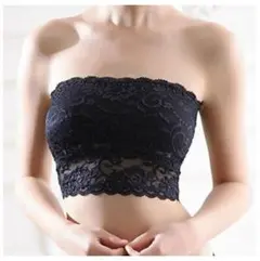 【ブラック】カップ付 可愛い 総レース チューブトップ ベアトップ ブラカバー