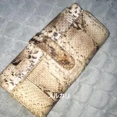 ダイヤモンドパイソン 長財布 メンズ 多収納 アイボリー×ブラウン 中古