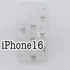 iPhone16ケース　シルバー　リボン　ドット　クリア　透明