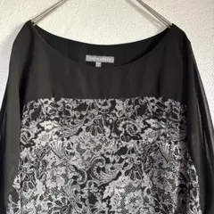 ローラアシュレイワンピース 11 L 黒 基調　レース 模様総柄 胸元シアー切替