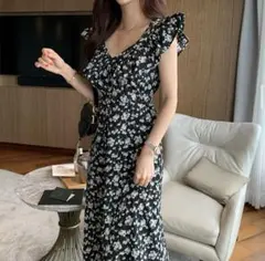 DHOLIC 2WAY花柄フリルワンピース 黒