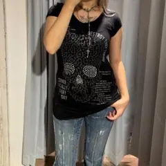 ダークコアedgelineラメプリント半袖チュニック両面プリントF黒y2k