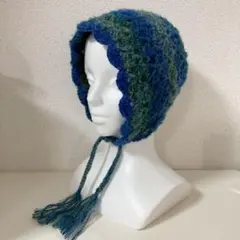 大人用ボンネット　グラデーション　青色 緑色　編み物　バラクラバ　バブーシュカ